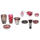 Ten 50s - 60s red overlay crystal cut decorative items and utensils, Val-Saint-Lambert, Saint-Louis,