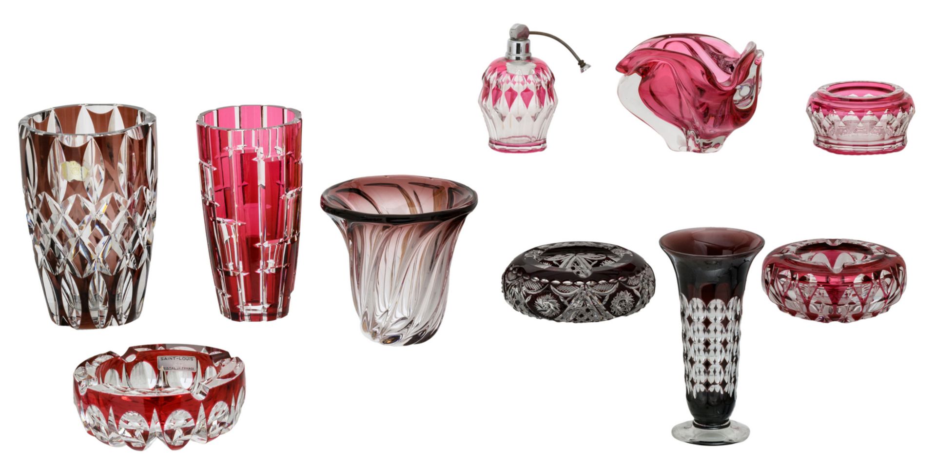 Ten 50s - 60s red overlay crystal cut decorative items and utensils, Val-Saint-Lambert, Saint-Louis,