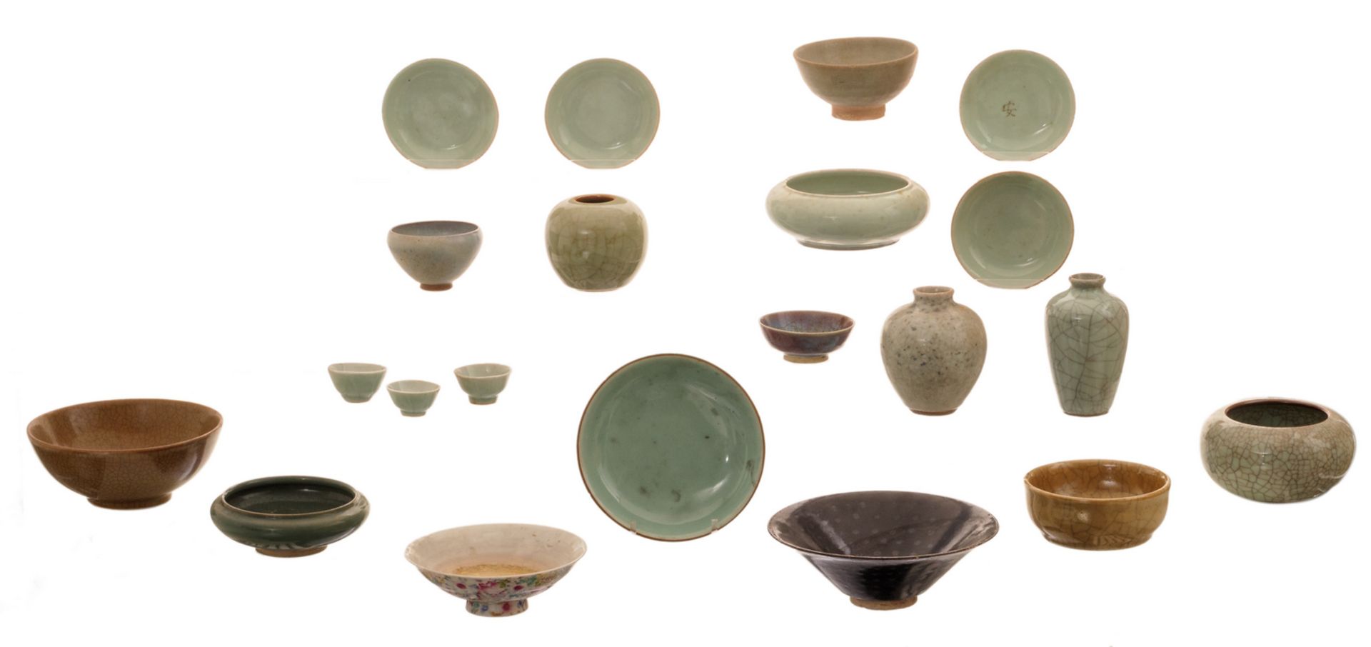 A various of Chinese celadon and crackleware porcelain and stoneware vases, plates and cups, two