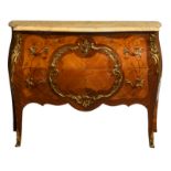 A Rococo style gilt bronze mounted chest of drawers with marquetry and a brèche d'Alep marble top, H