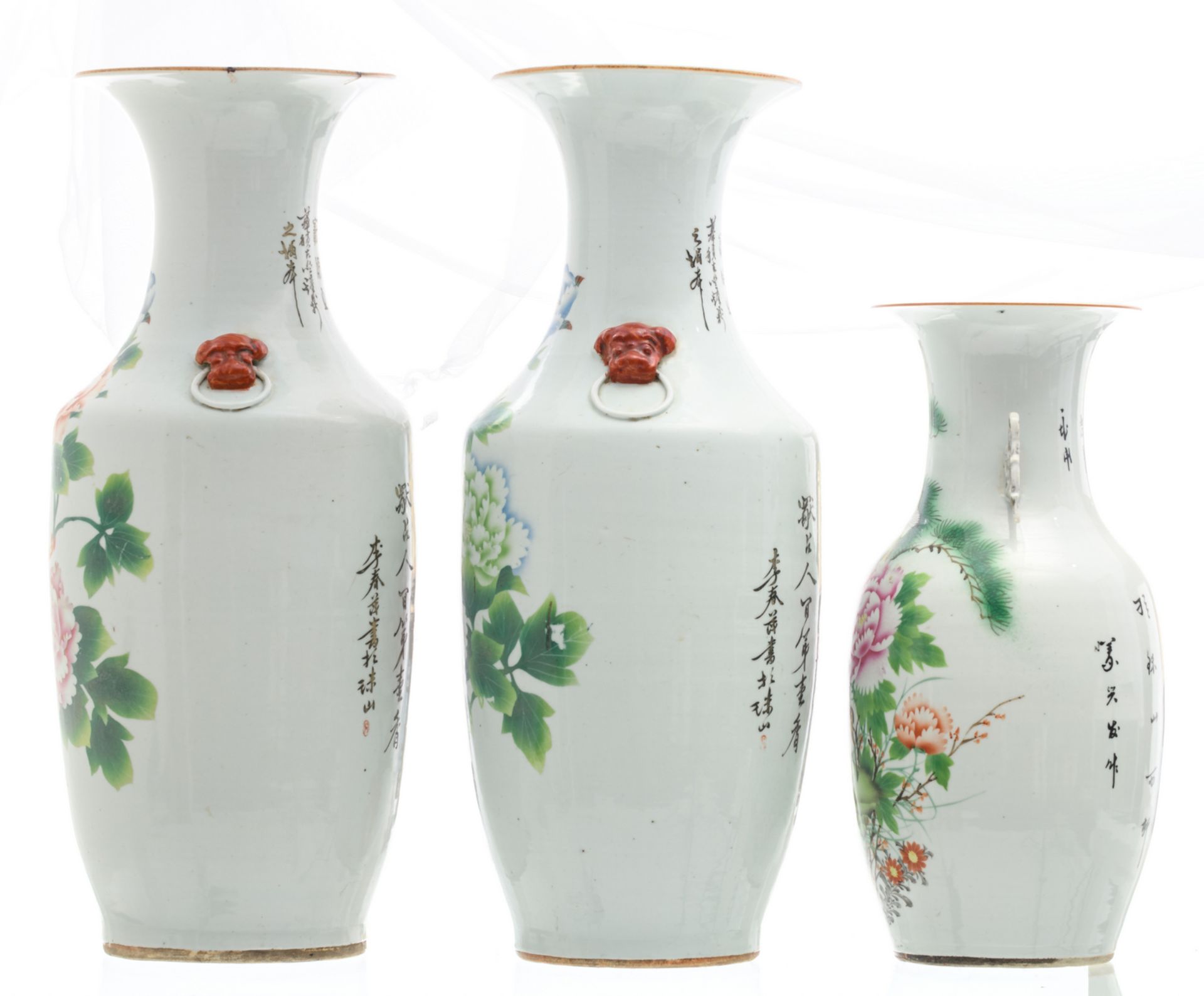 A pair of Chinese polychrome decorated vases with flower branches and calligraphic texts; added a - Image 4 of 6