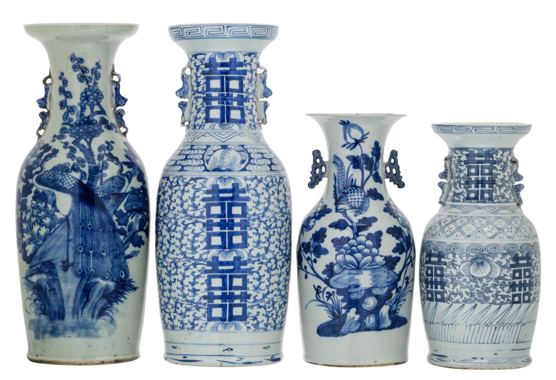 Four Chinese celadon ground vases, blue and white decorated with birds, flower branches and