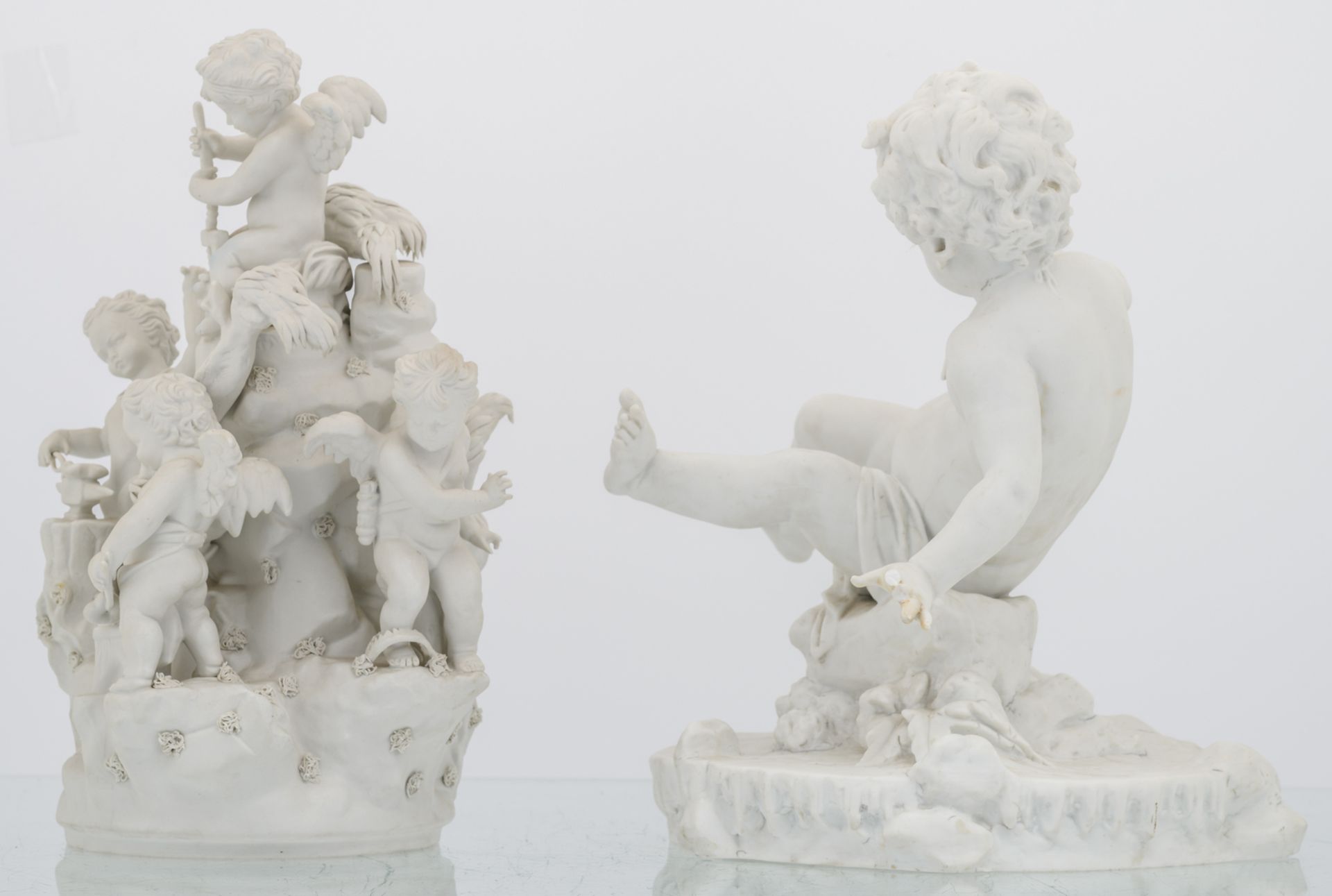 Two biscuit groups depicting a boy with toad and an allegory on love, 20thC, damage, H 37 - 38 cm - Image 3 of 7