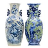 A Chinese grey celadon ground blue and white floral decorated vase with a phoenix and a dragon;