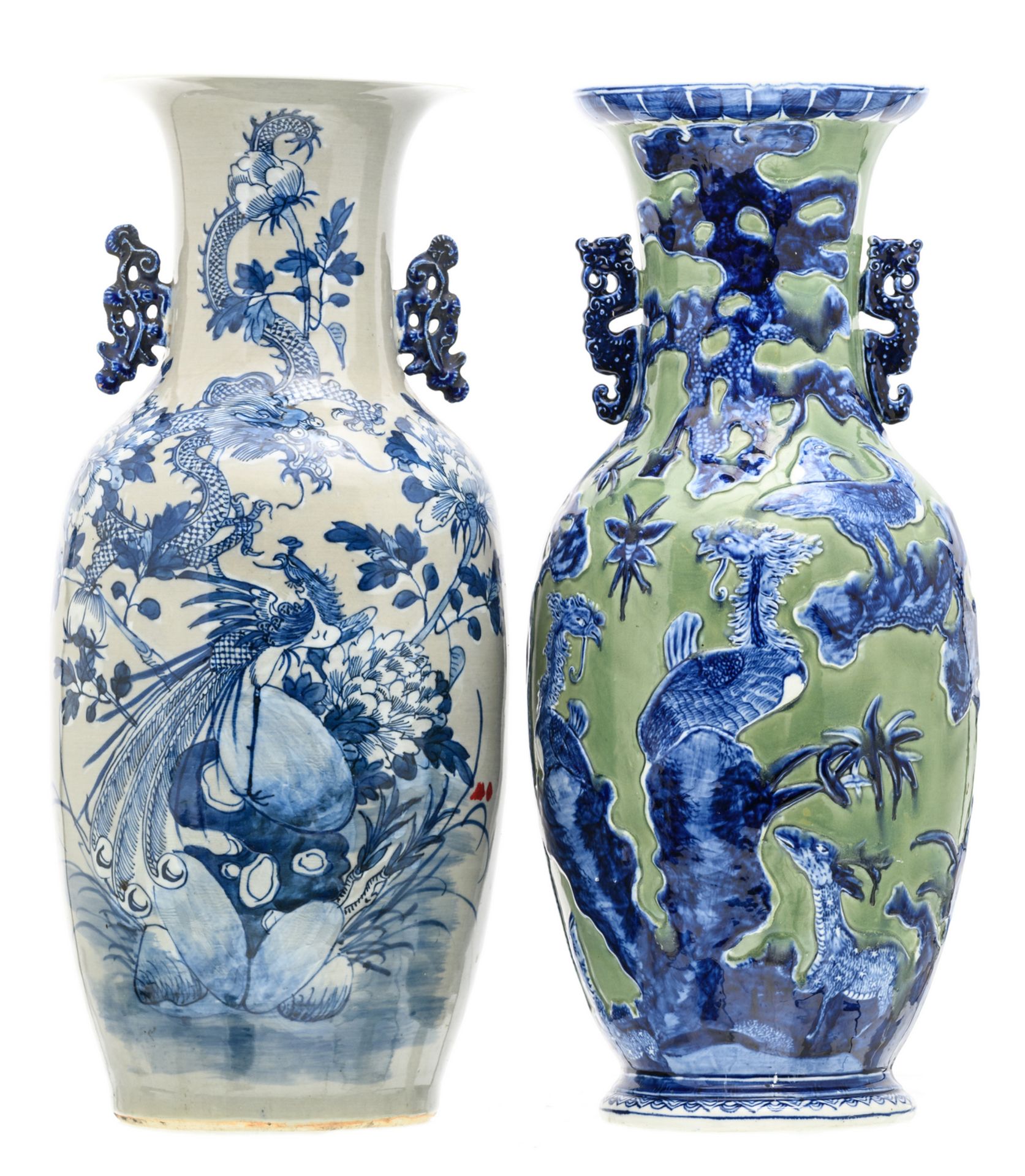 A Chinese grey celadon ground blue and white floral decorated vase with a phoenix and a dragon;