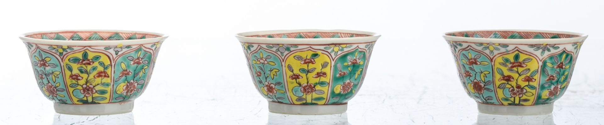 Six Chinese polychrome floral decorated cups and saucers, 18thC, H 2 - 5 cm - Image 8 of 9