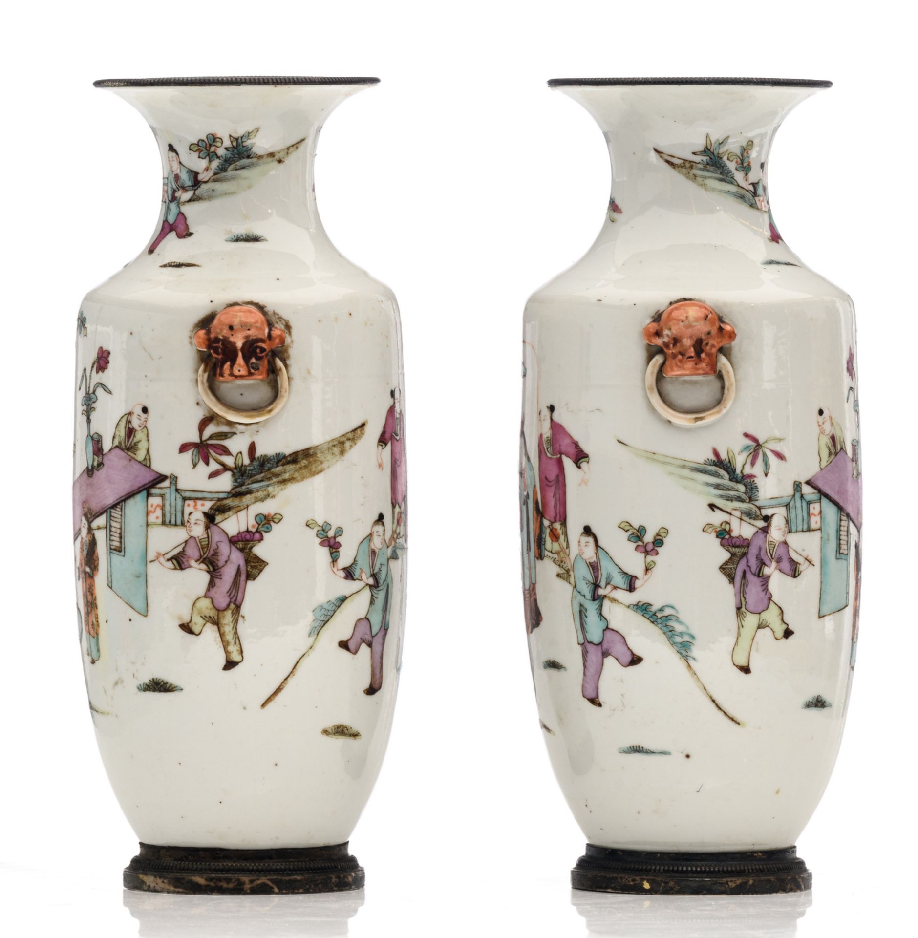 A pair of Chinese famille rose vases, overall decorated with an animated scene, with silver - Image 2 of 6