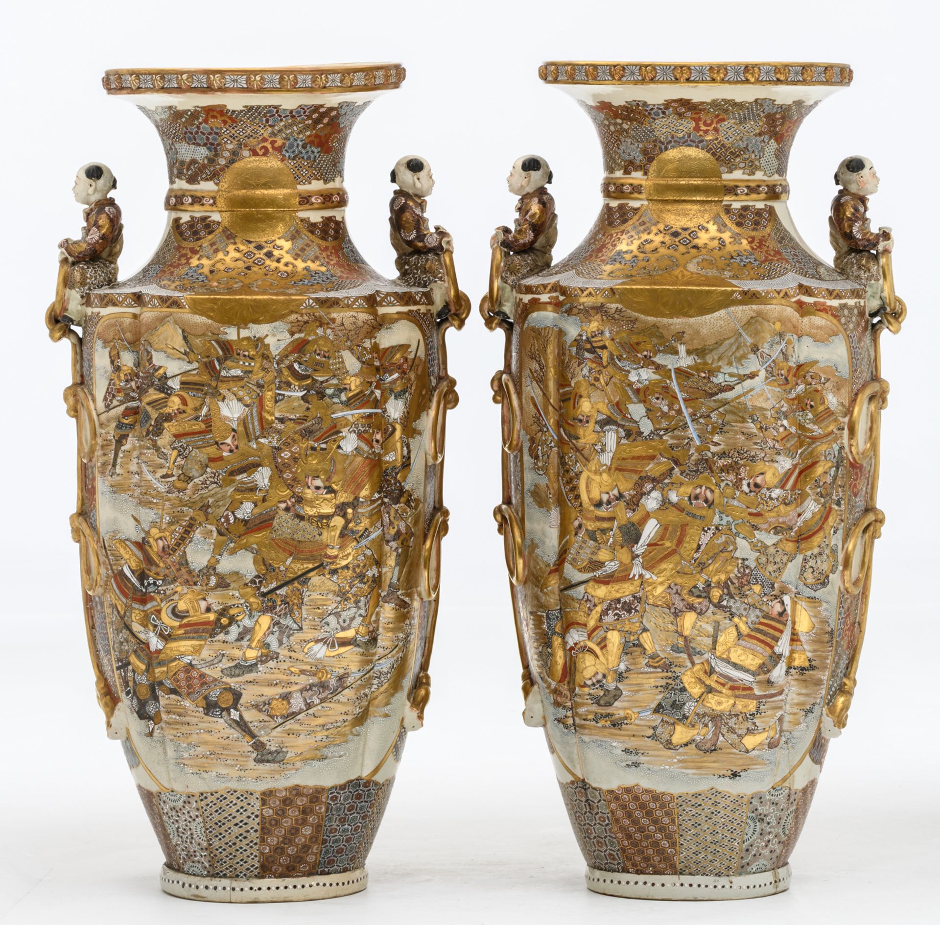 A fine pair of Japanese Satsuma and relief decorated vases on ditto soccles, late Edo period, H - Image 3 of 13