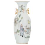 A Chinese polychrome decorated vase with an animated scene and calligraphic texts, H 57 cm