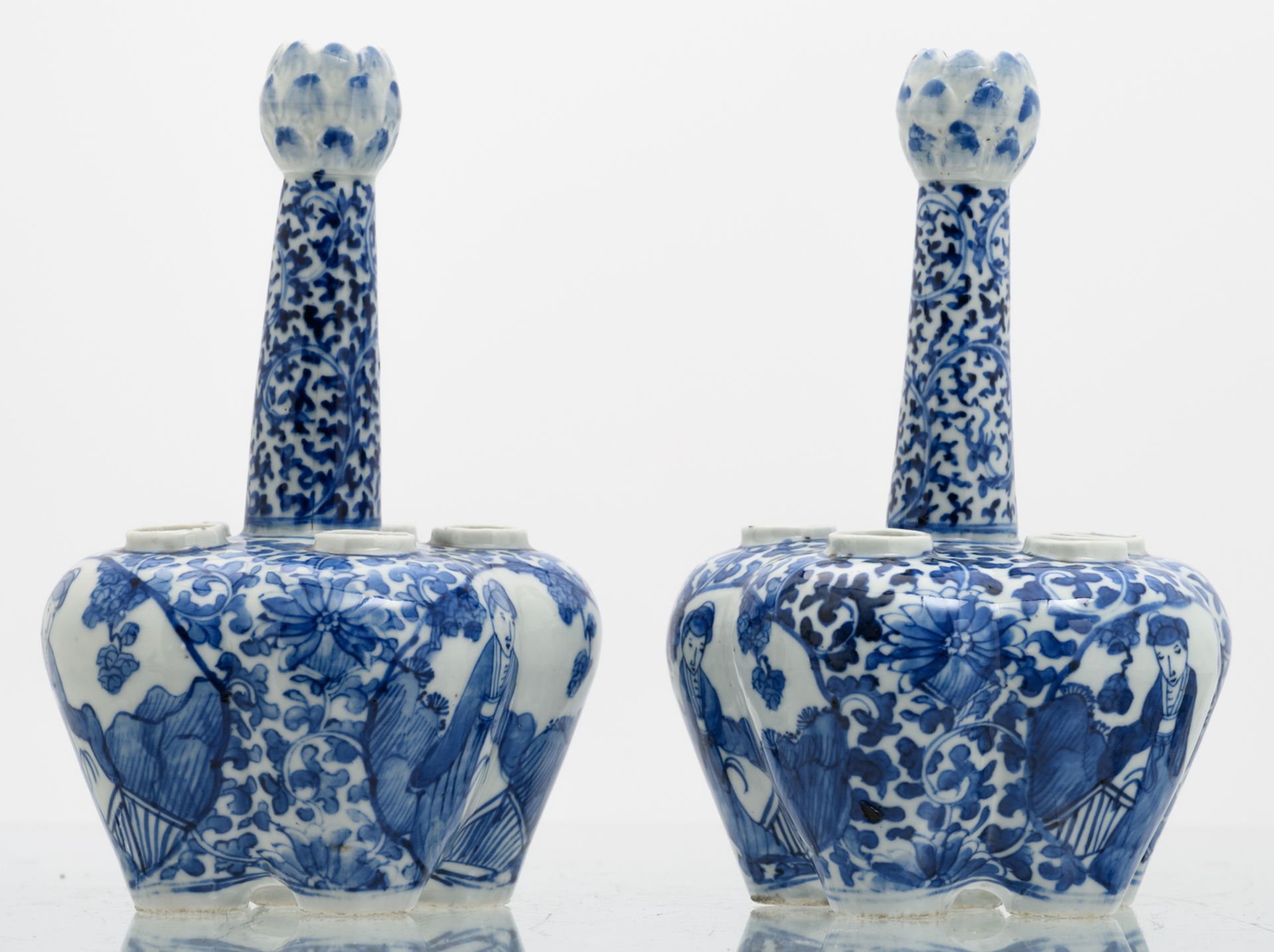 A pair of Chinese blue and white floral and relief decorated tulip vases, the roundels with - Image 4 of 7