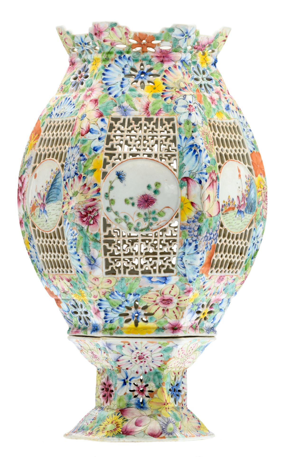 A Chinese millefleurs and open work wedding lantern, the roundels famille rose decorated with