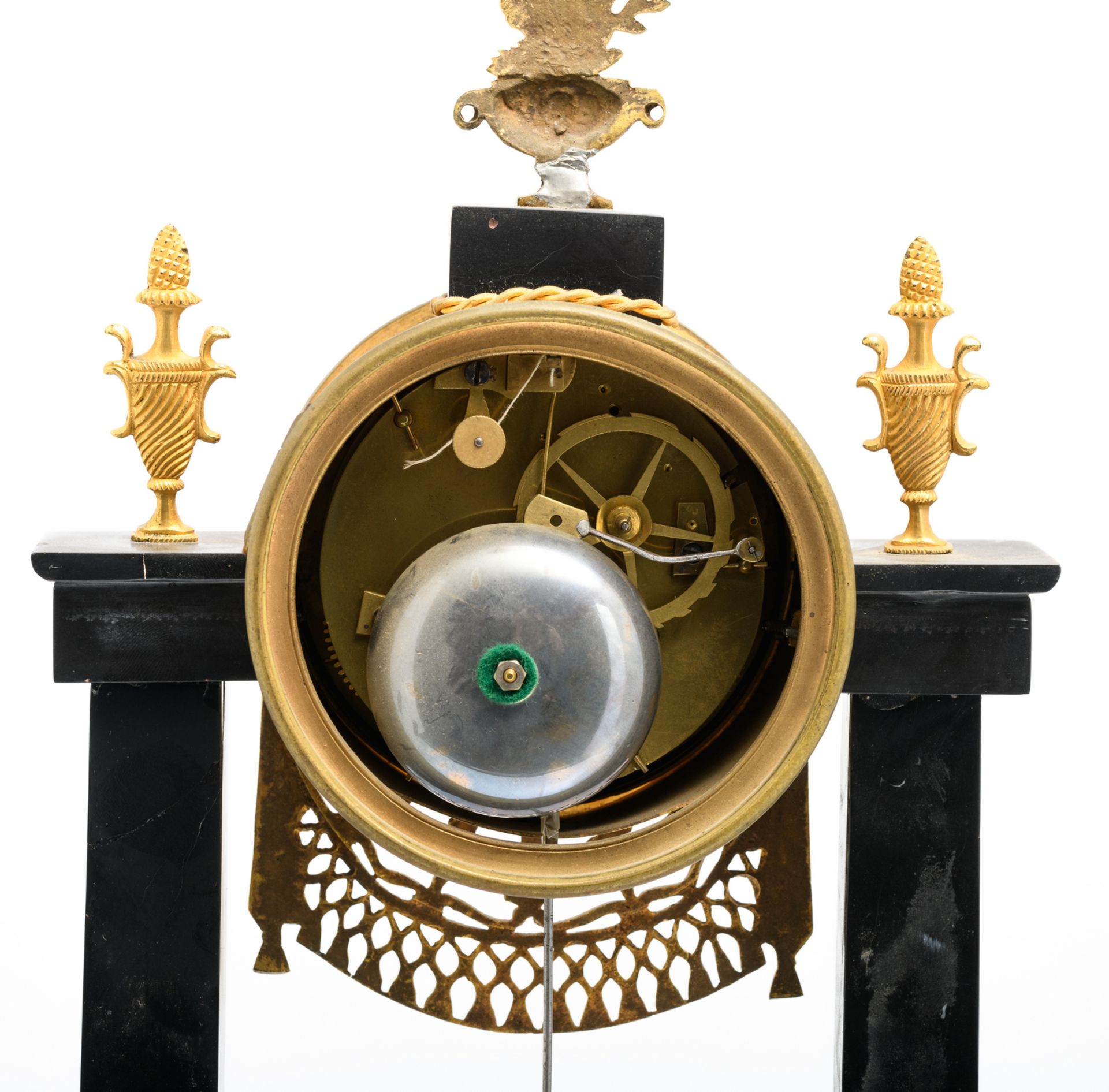 A French mid 19thC gilt bronze Neoclassical Rance and Portor marble portico clock, H 44 cm - W 25, - Image 8 of 12