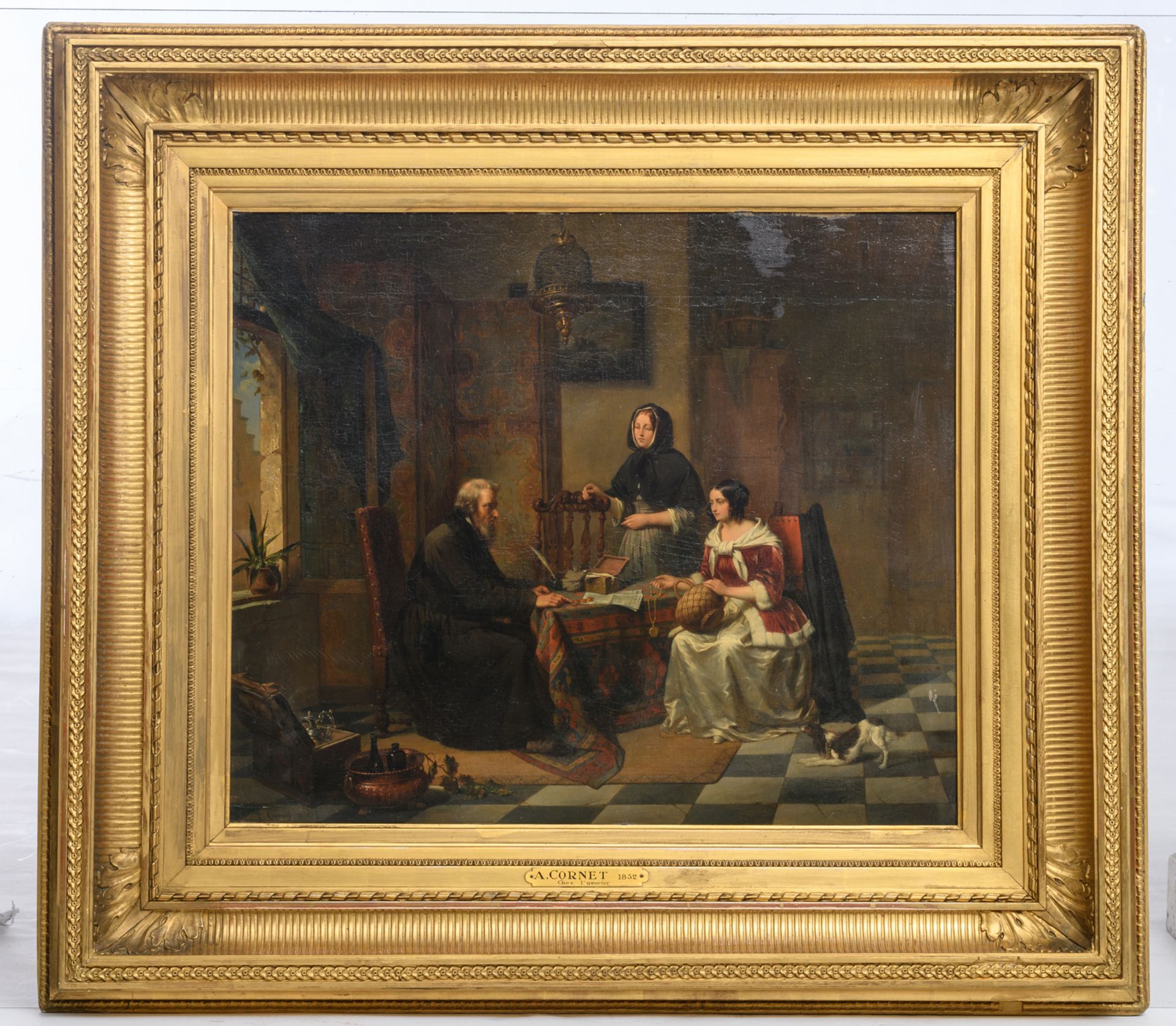 Cornet A., 'Chez l'usurier', oil on panel, dated 1852, 55,5 x 63,5 cm - Bild 2 aus 5