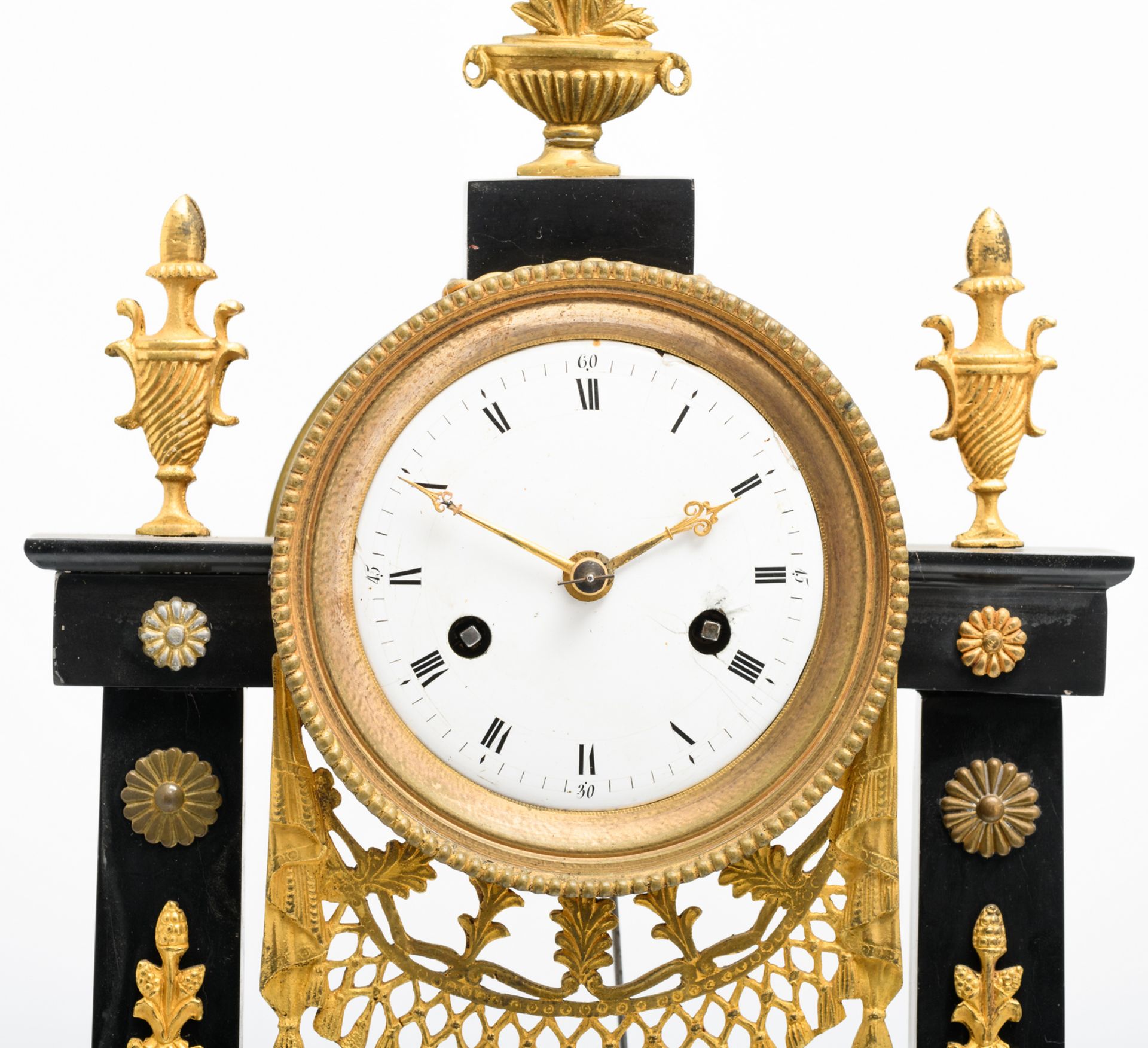 A French mid 19thC gilt bronze Neoclassical Rance and Portor marble portico clock, H 44 cm - W 25, - Image 9 of 12