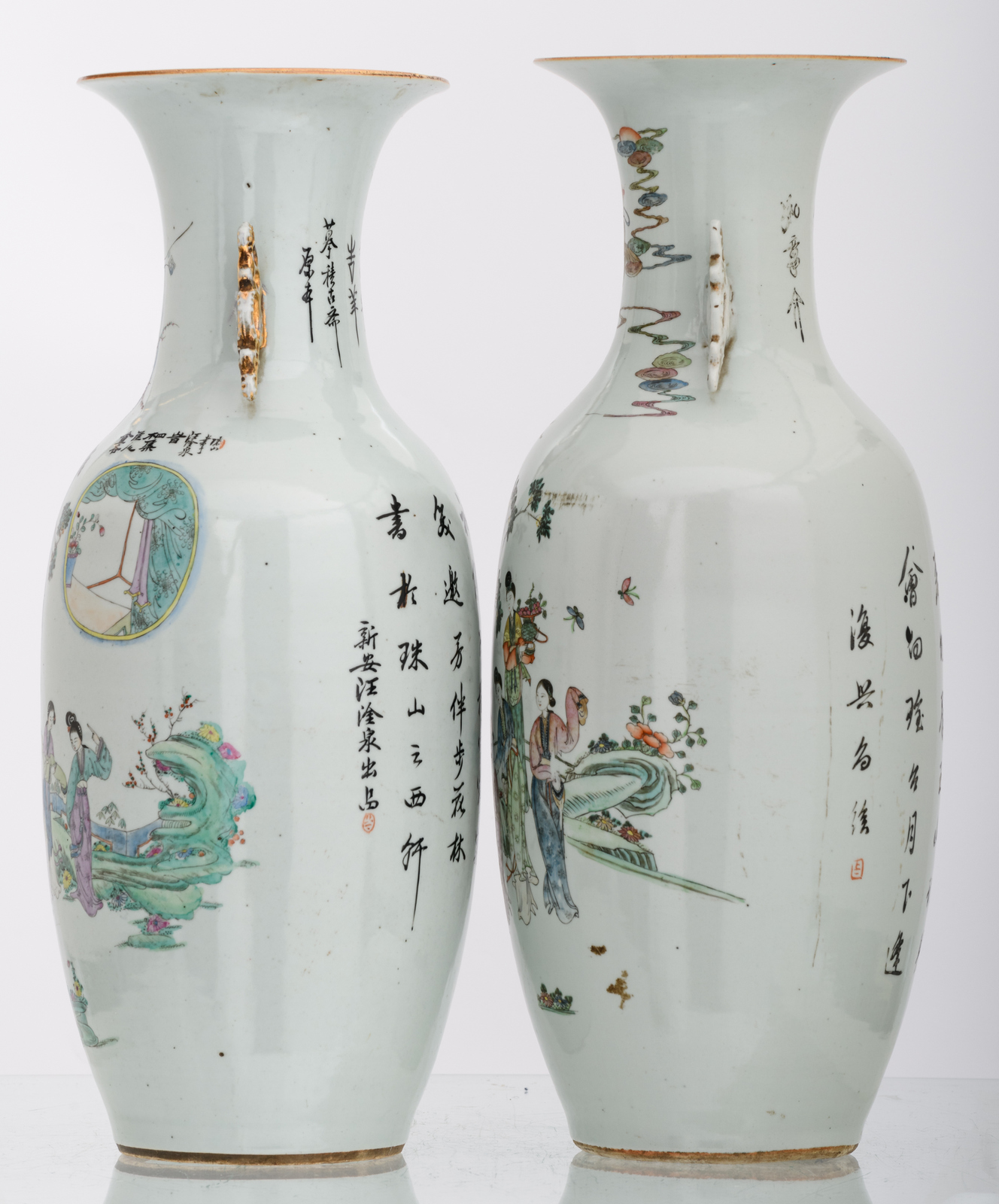 Two Chinese polychrome decorated vases with a gallant garden scene and calligraphic texts, one - Image 2 of 6