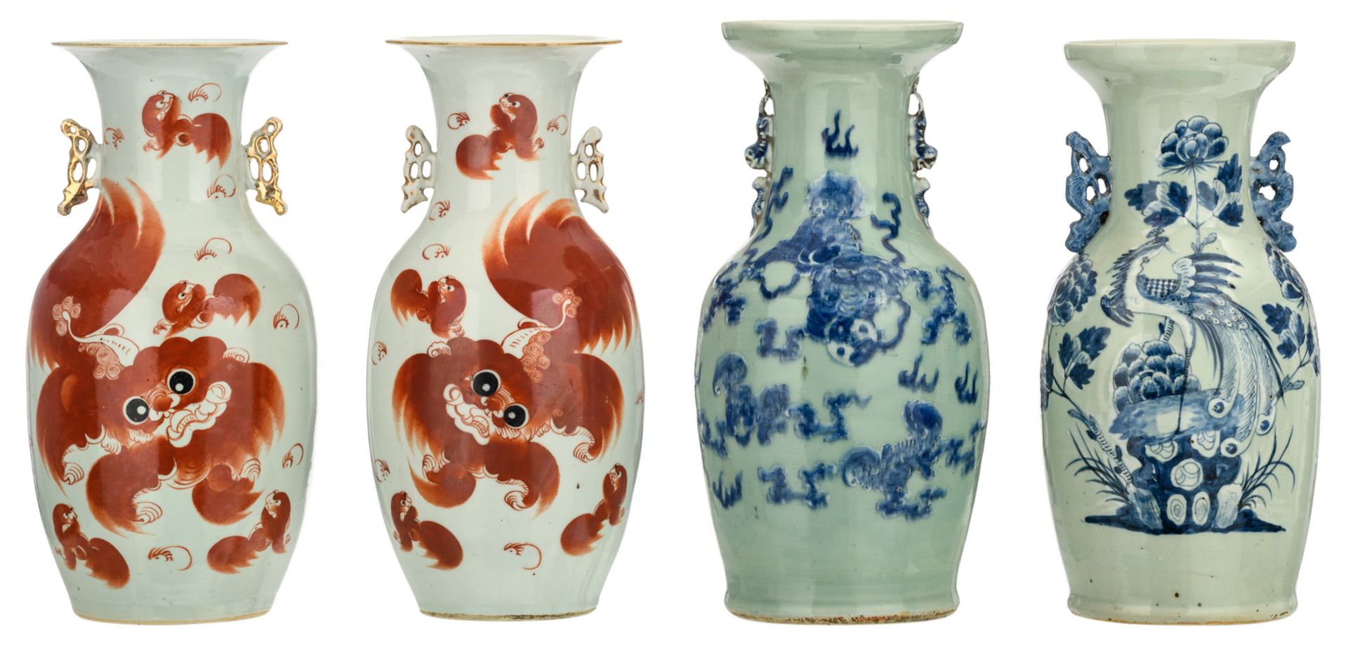 A pair of Chinese iron red decorated vases with Fu lions and a calligraphic text; added two