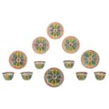 Six Chinese polychrome floral decorated cups and saucers, 18thC, H 2 - 5 cm