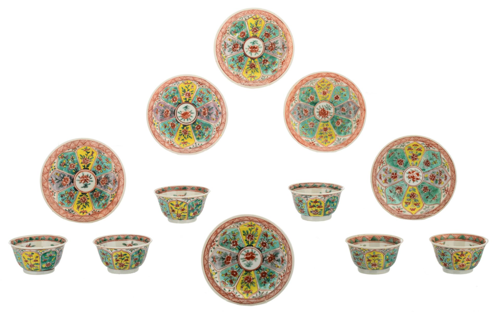 Six Chinese polychrome floral decorated cups and saucers, 18thC, H 2 - 5 cm