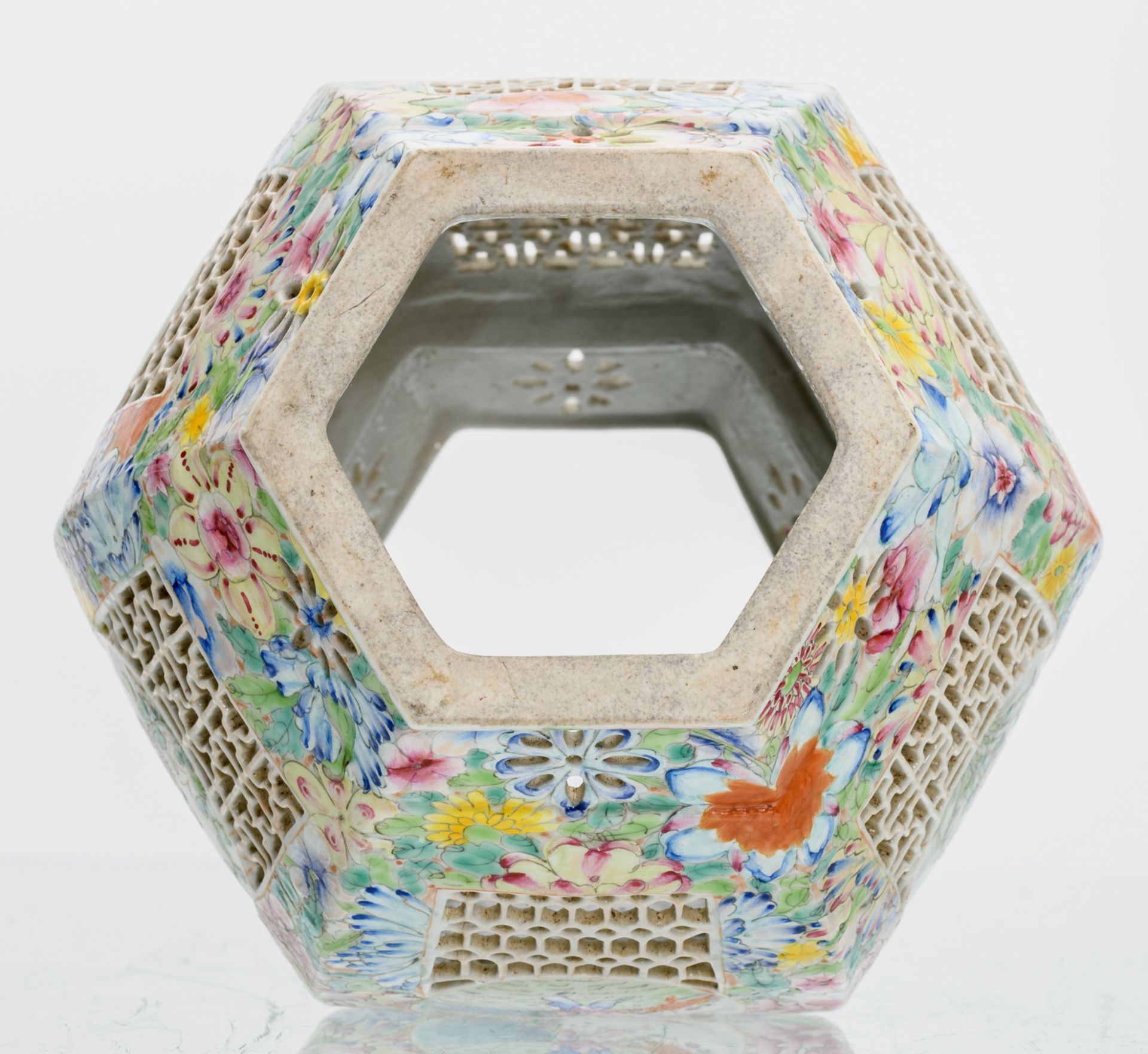 A Chinese millefleurs and open work wedding lantern, the roundels famille rose decorated with - Image 6 of 8