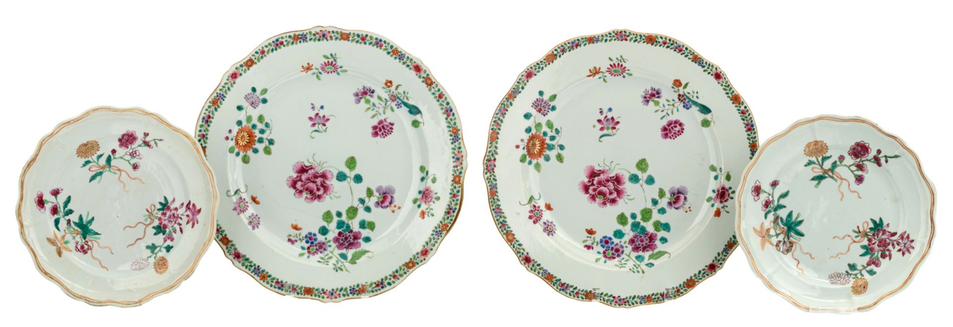 Two Chinese famille rose export porcelain plates, decorated with flower branches and two ditto