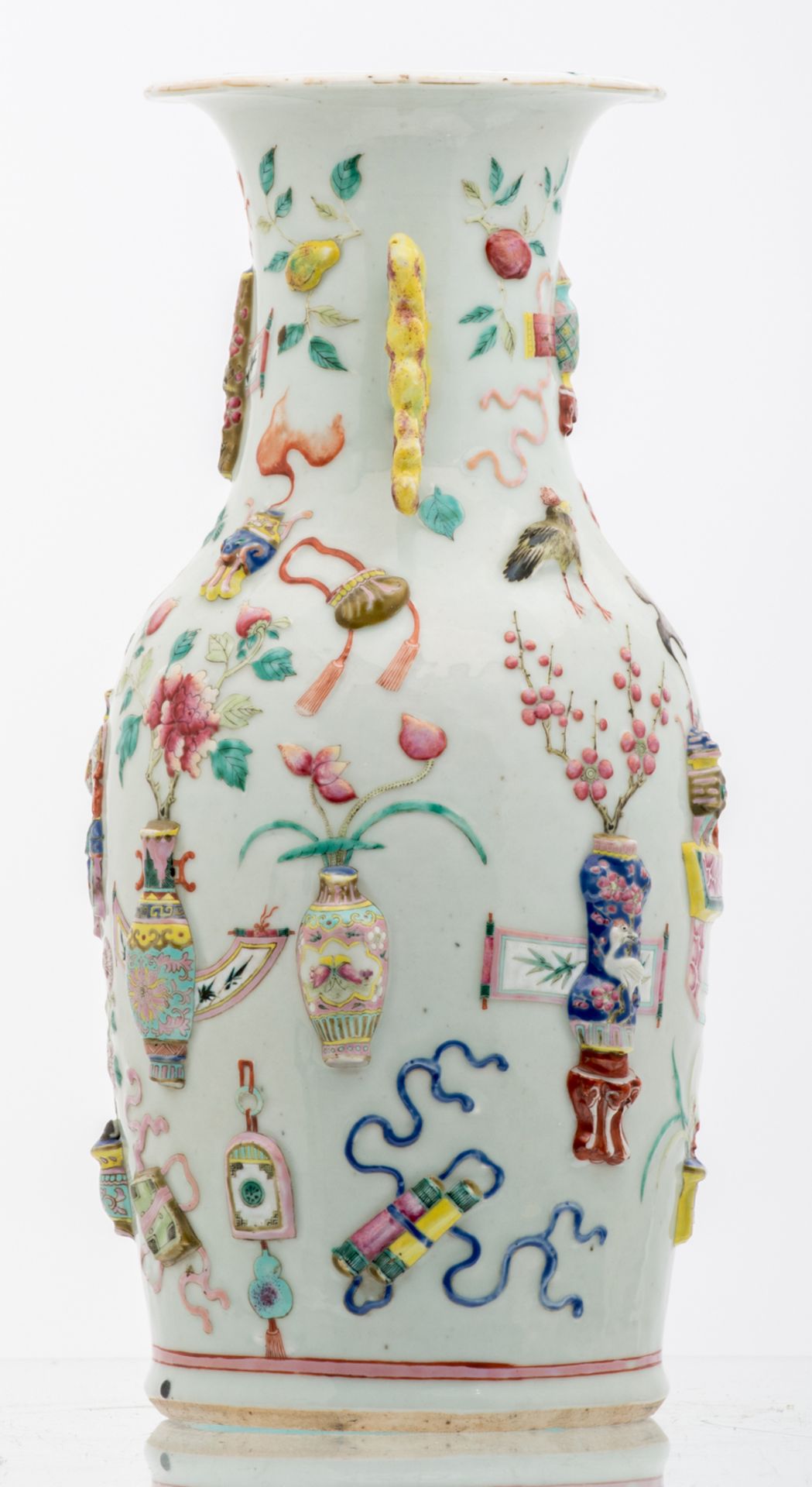 A Chinese famille rose and relief decorated vase with antiquities, flower branches and birds, 19thC, - Image 2 of 6