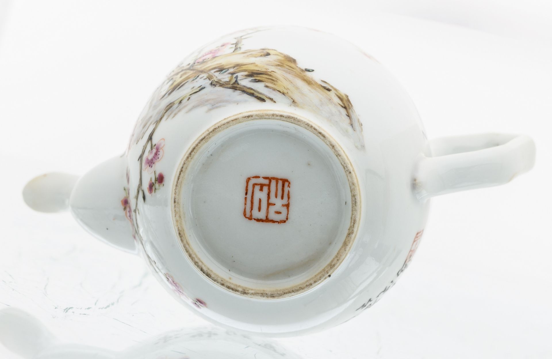 A Chinese famille rose teapot and cover, decorated with cherry blossoms and a calligraphic text, - Image 6 of 8