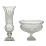 A diamond cut to clear crystal vase and footed bowl, H 22,5 - 40,5 cm