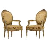 Two Neoclassical cabriolet armchairs with backrest en medaillon, H 100 - W 64 - D 74 cm