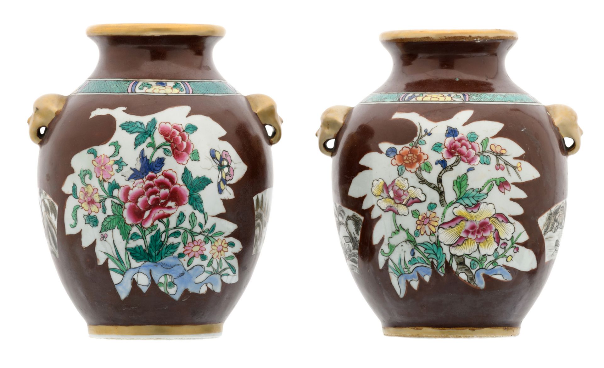 Two Chinese café au lait ground vases, the roundels famille rose, decorated with rocks, flower