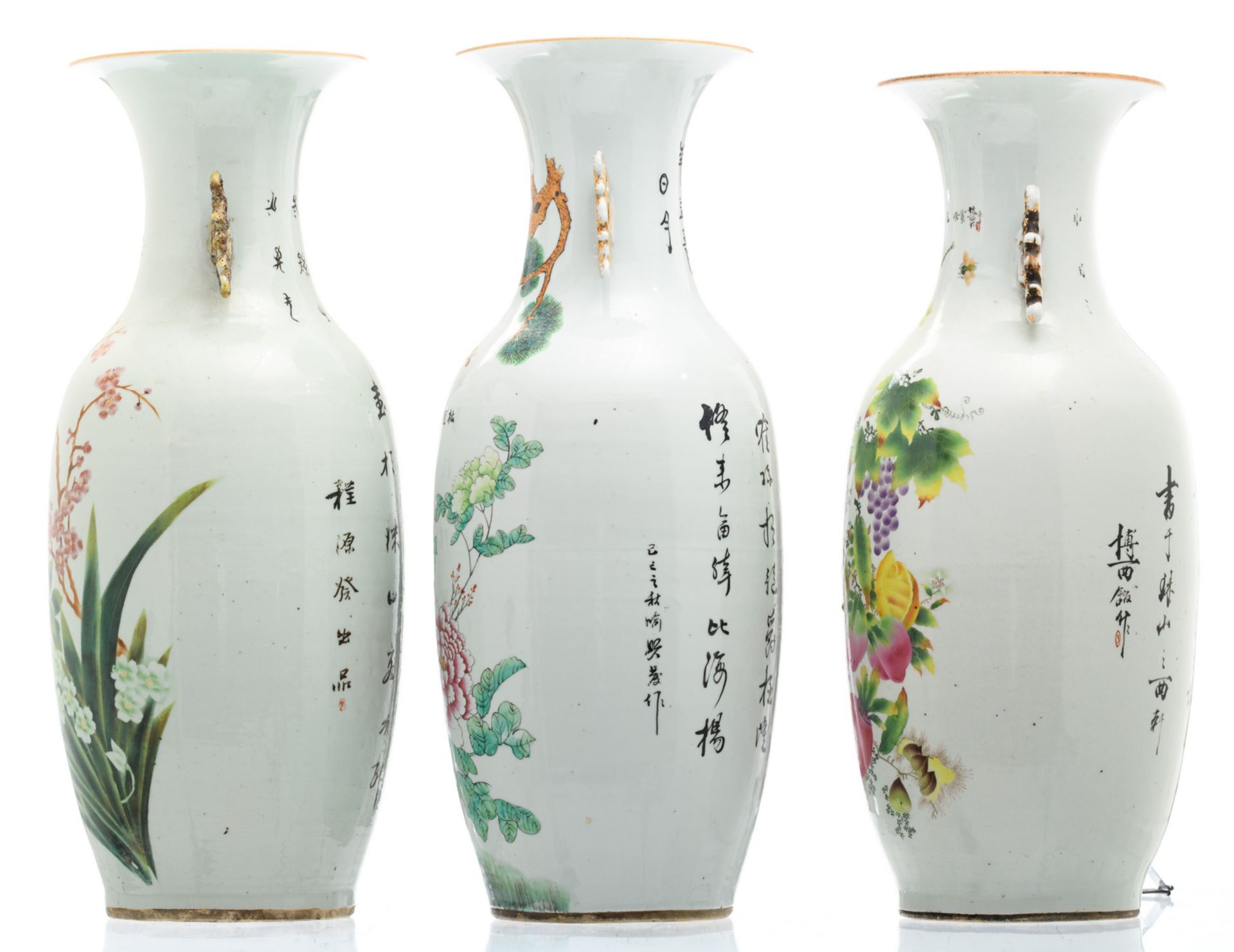 Three Chinese famille rose vases, decorated with flower branches, fruits, cranes and calligraphic - Image 2 of 6