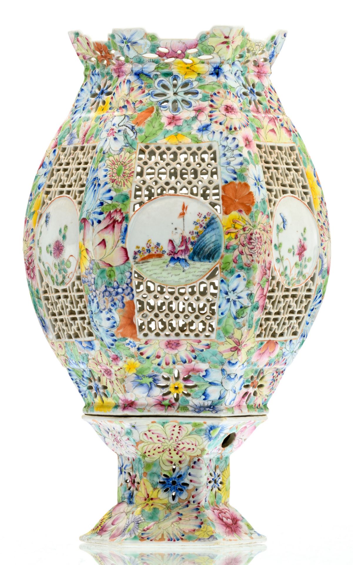 A Chinese millefleurs and open work wedding lantern, the roundels famille rose decorated with - Image 2 of 8