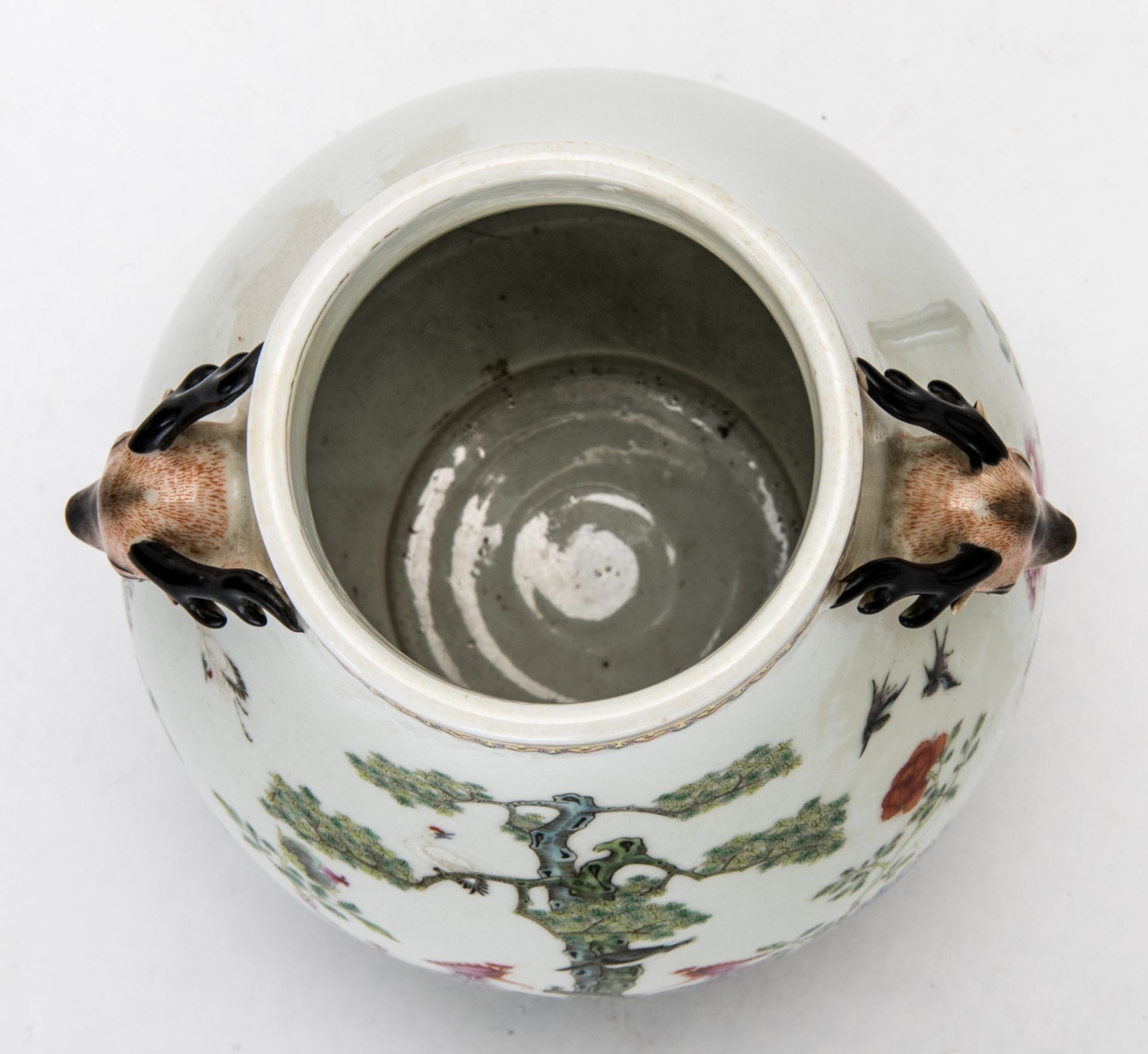 A Chinese famille rose decorated Hu vase with birds and flower branches, the handles deer head - Image 5 of 8