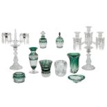 Two glass girandoles; added eight green overlay Val-Saint-Lambert crystal cut decorative items and