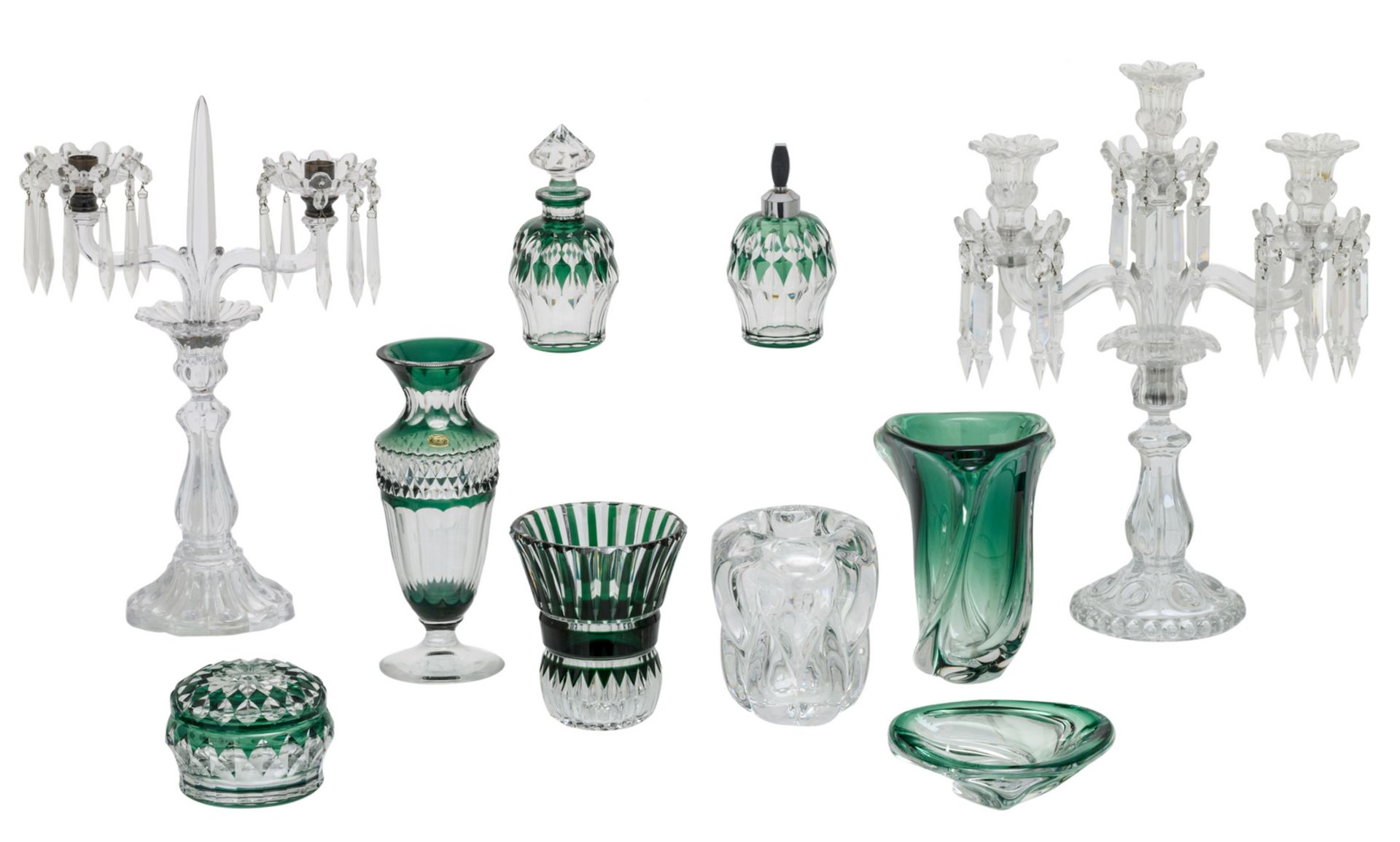 Two glass girandoles; added eight green overlay Val-Saint-Lambert crystal cut decorative items and