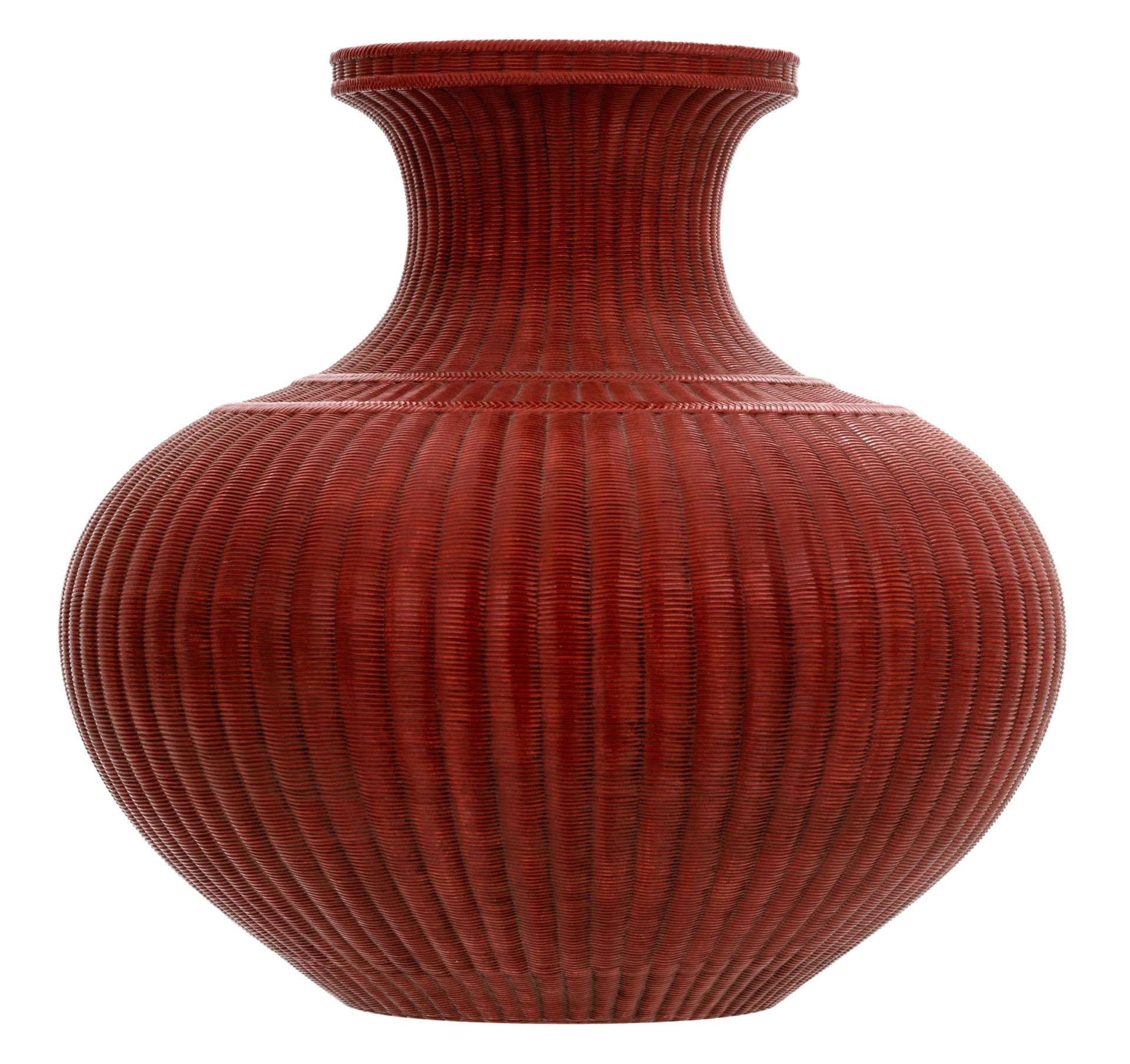 A fine Chinese red brown glazed reed basket shaped vase with a Yongzheng mark, H 40,5 cm