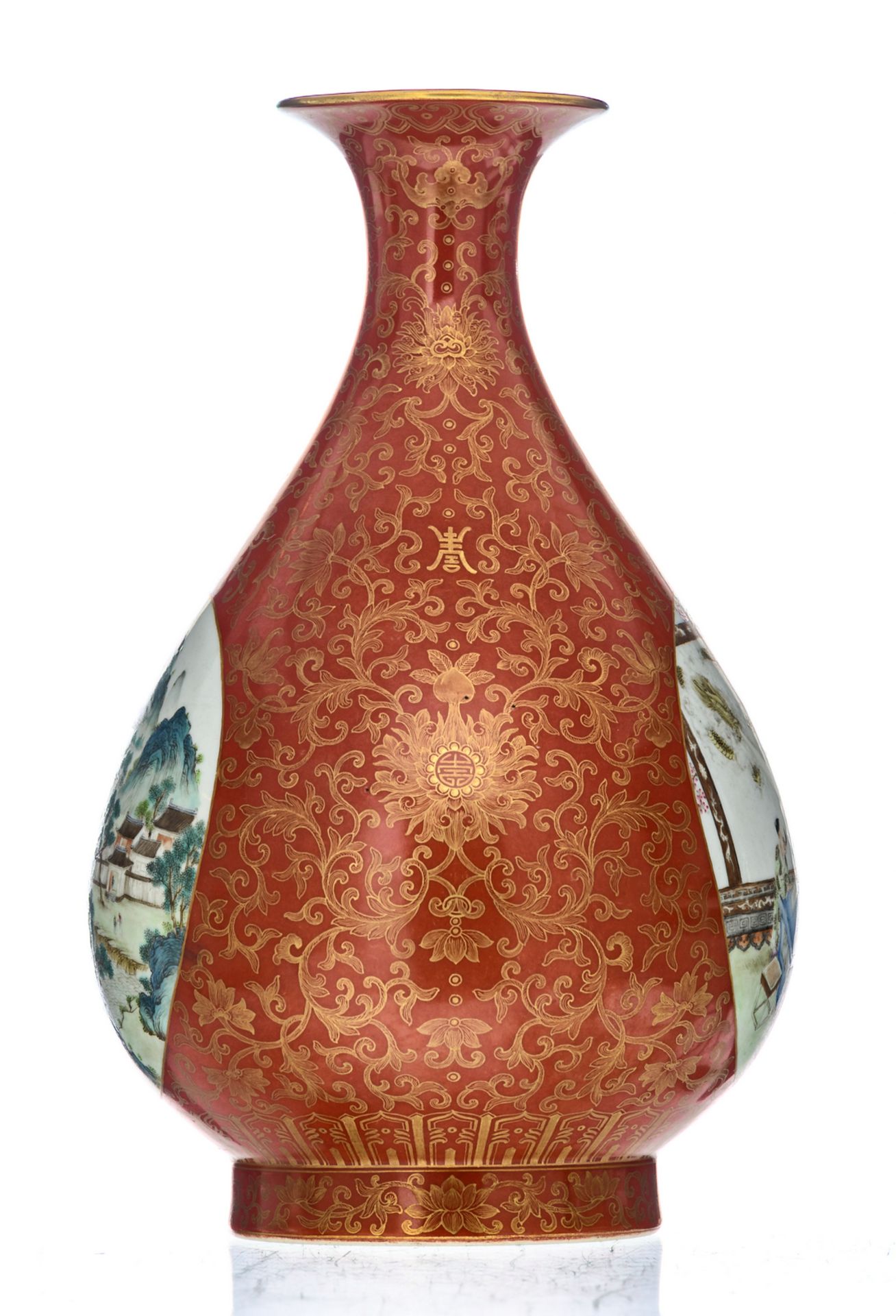 A Chinese kinrande decorated pear shaped vase, the roundels famille rose with a scholar in a - Image 4 of 6