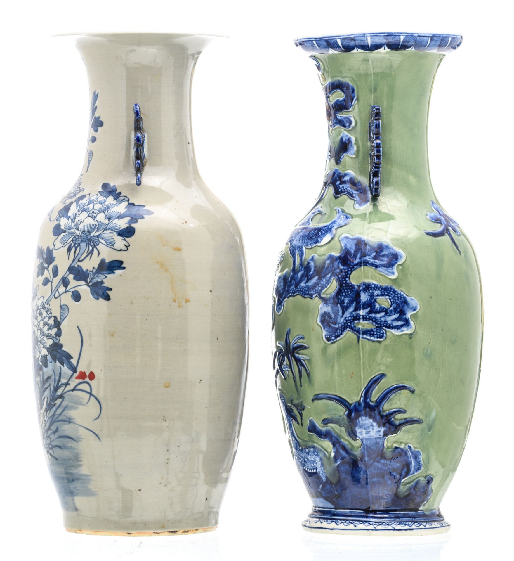 A Chinese grey celadon ground blue and white floral decorated vase with a phoenix and a dragon; - Image 2 of 6