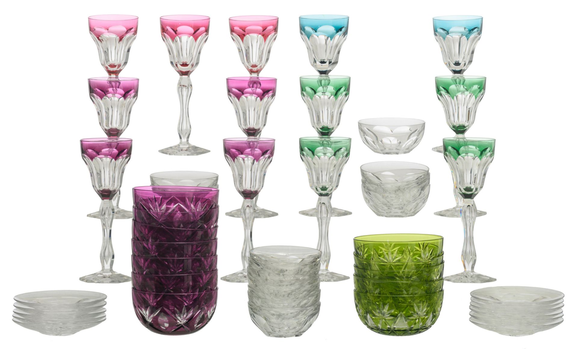 Twelve Val-Saint-Lambert crystal cut rummers; added one extra rummer and various sets of ditto