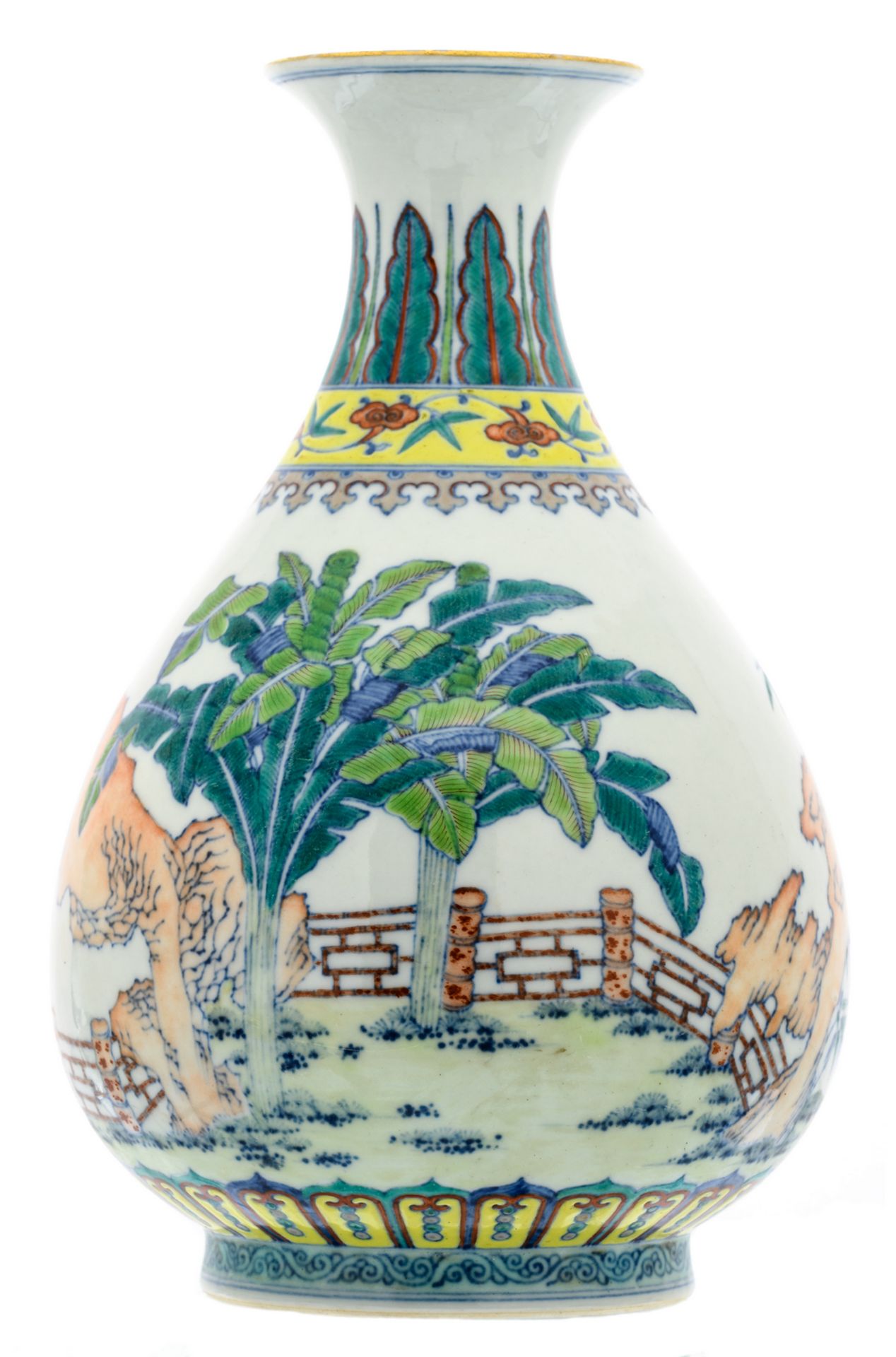 A Chinese doucai overall decorated pear shaped vase with various plants amid rockwork in the garden,