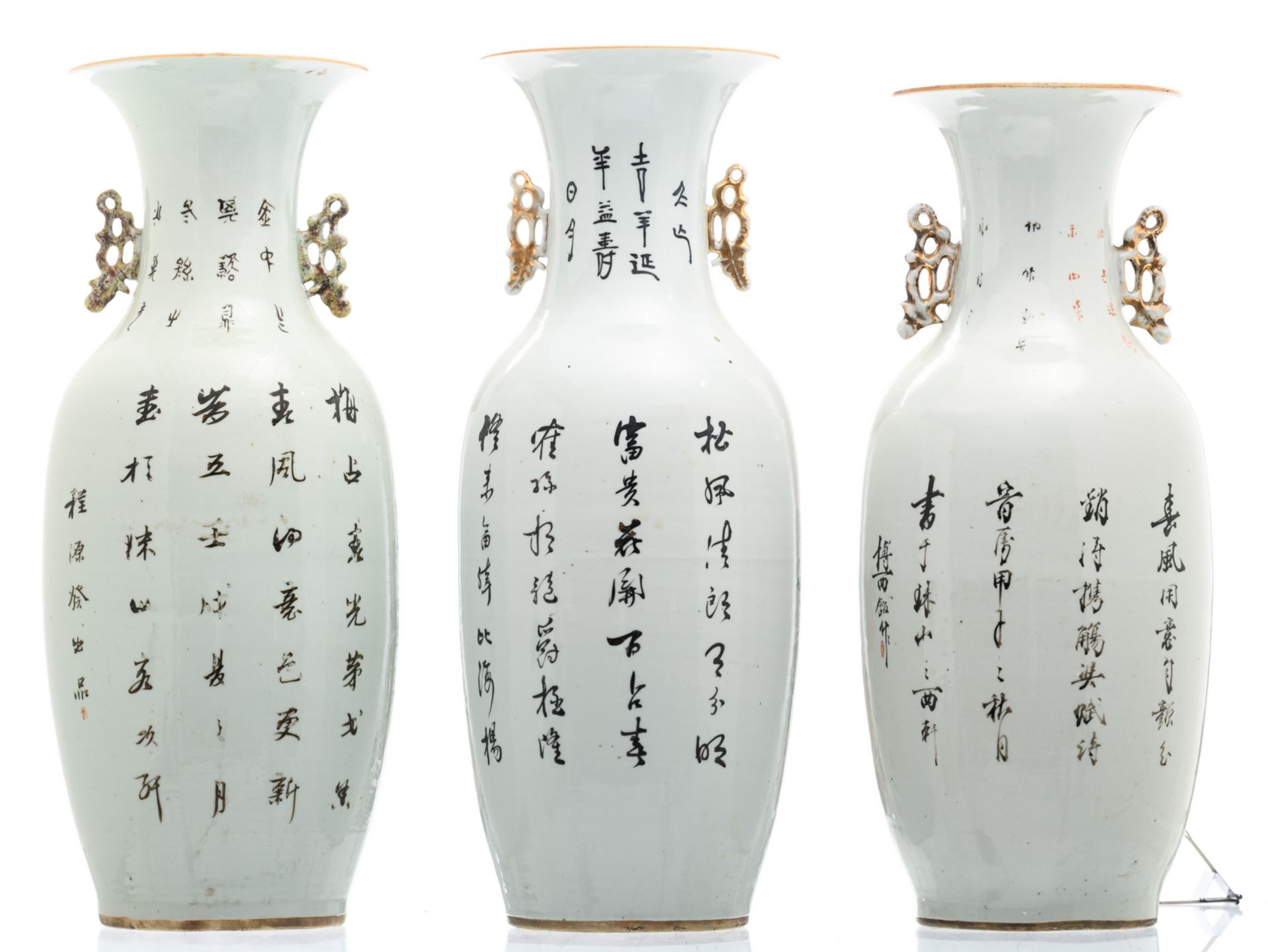 Three Chinese famille rose vases, decorated with flower branches, fruits, cranes and calligraphic - Image 3 of 6