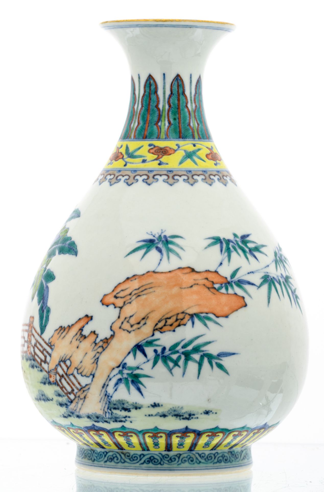 A Chinese doucai overall decorated pear shaped vase with various plants amid rockwork in the garden, - Image 2 of 7