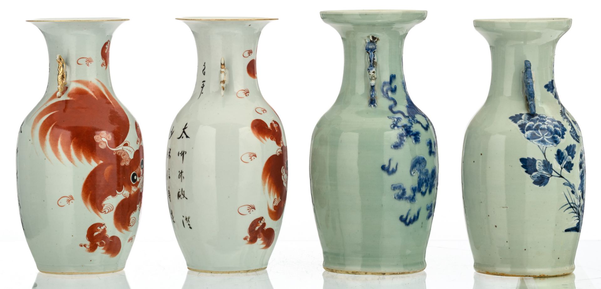 A pair of Chinese iron red decorated vases with Fu lions and a calligraphic text; added two - Image 4 of 8