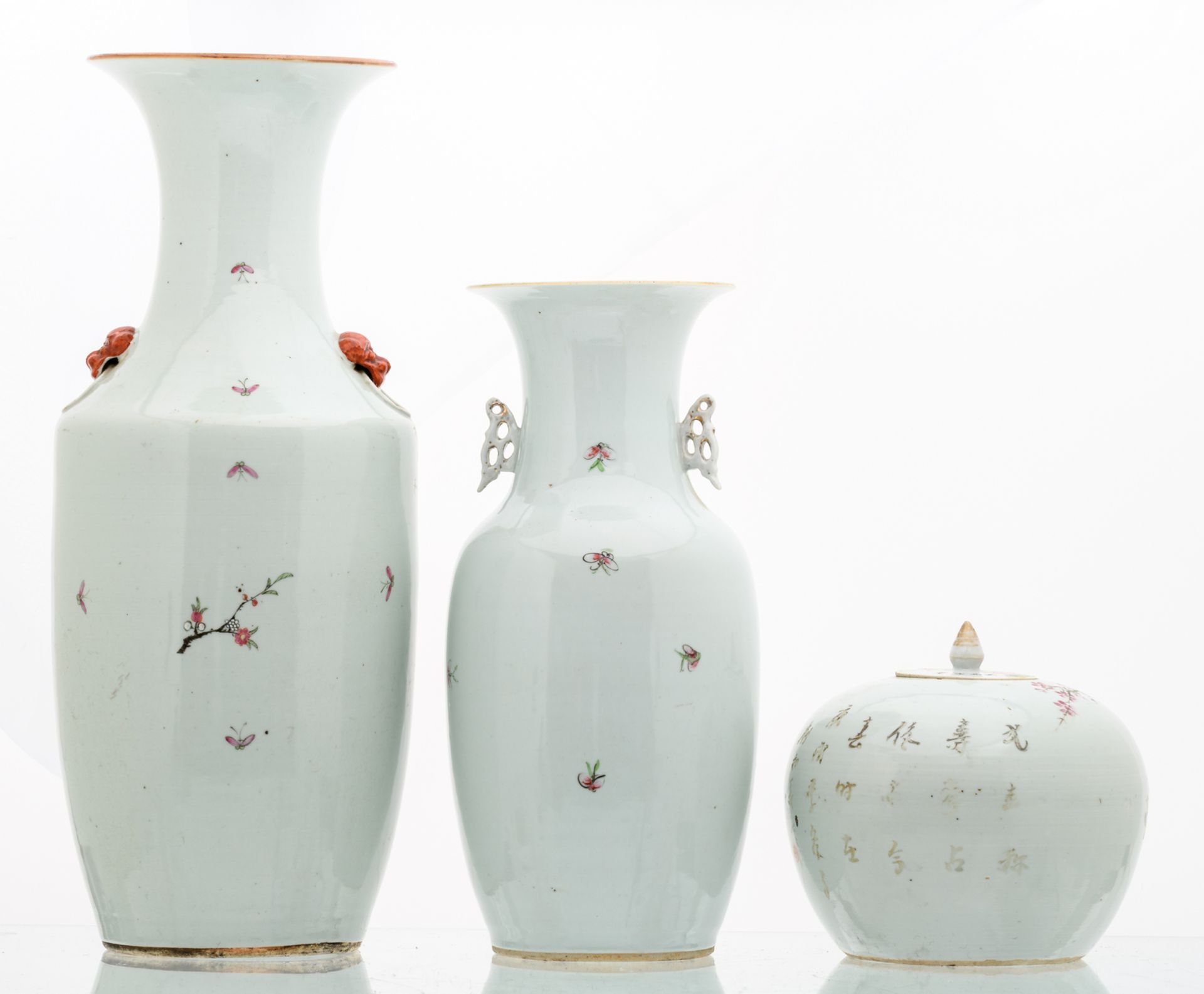 Two Chinese famille rose vases and a ditto ginger jar and cover, decorated with flower branches - Image 3 of 11