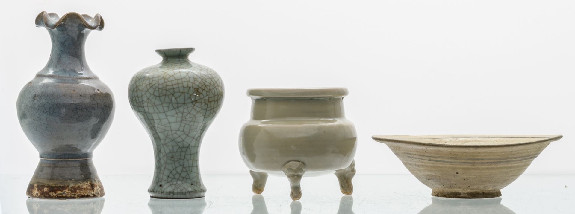 Two Chinese vases and a tripod incense burner in the jun ware manner, crackleware and celadon; added - Image 2 of 6