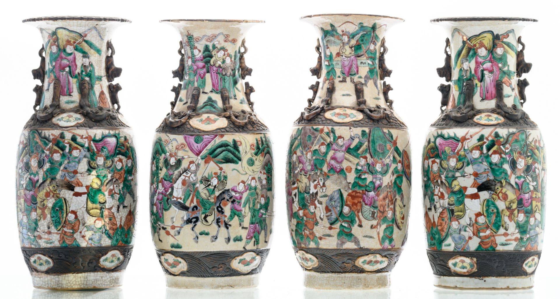 A pair of Chinese polychrome decorated stoneware vases with a battle scene, marked, about 1900; - Image 3 of 8