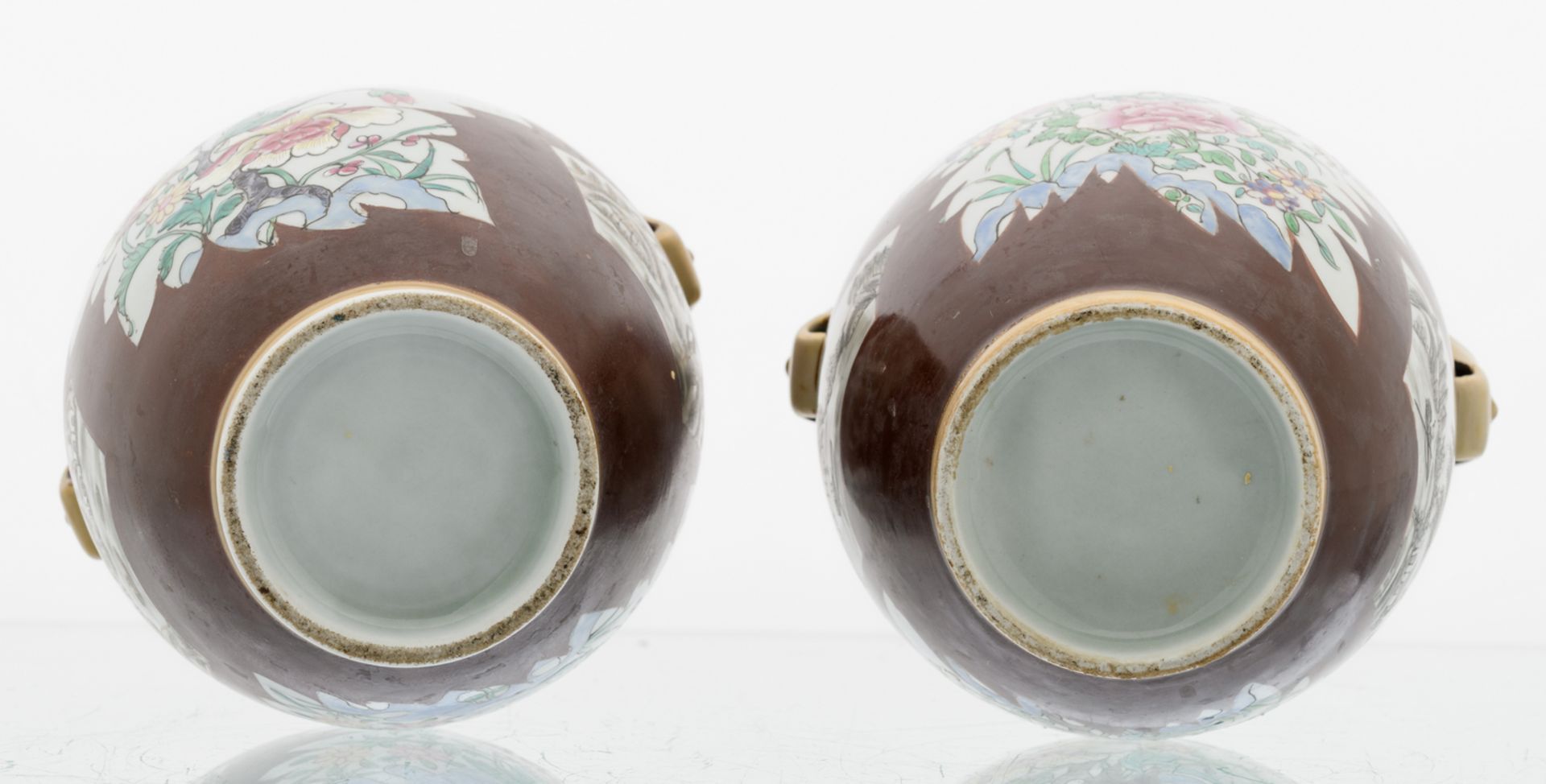 Two Chinese café au lait ground vases, the roundels famille rose, decorated with rocks, flower - Image 6 of 6