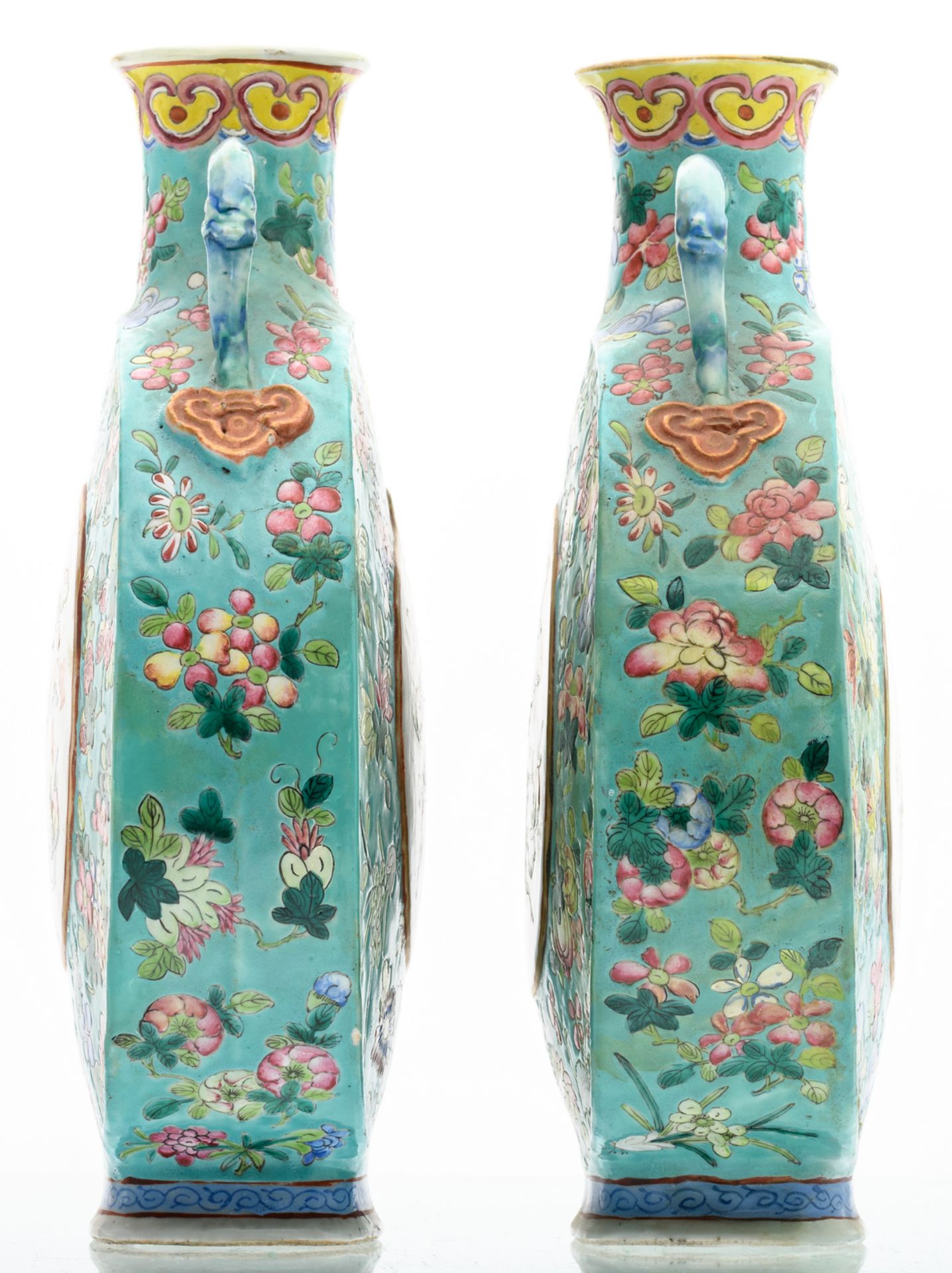 Two Chinese turquoise ground famille rose floral decorated moon flasks, the roundels with auspicious - Image 2 of 6