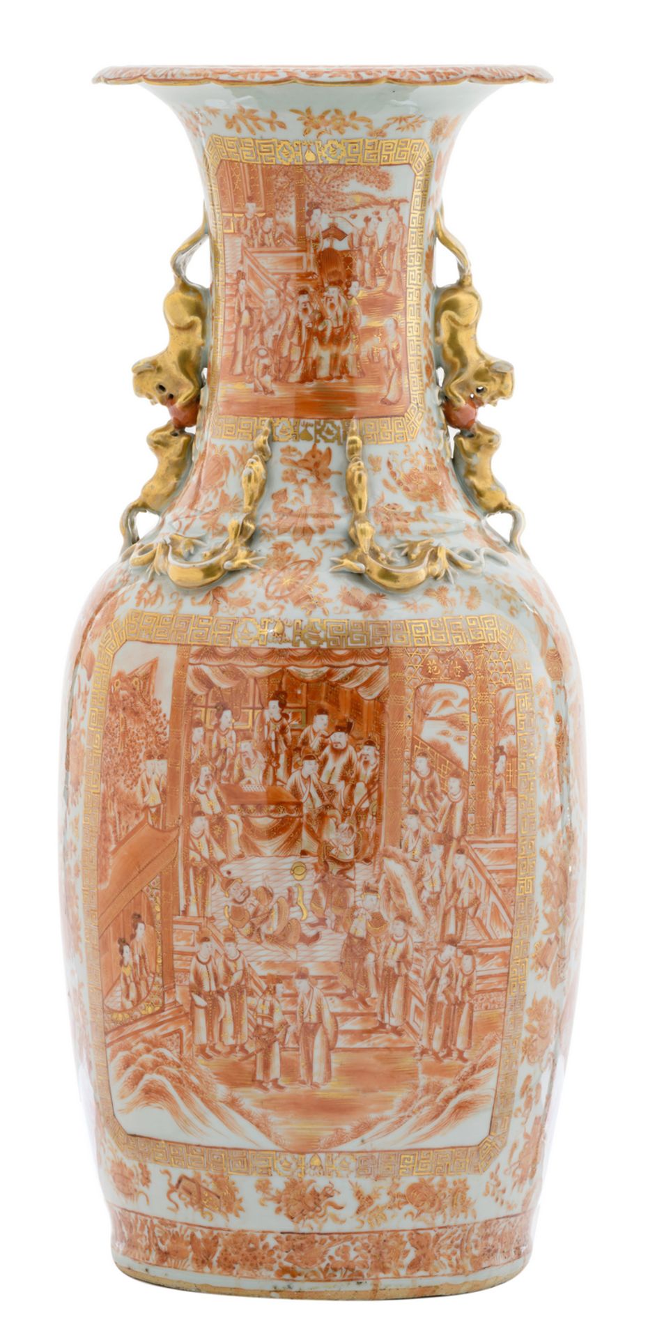 An exceptional Chinese iron red gilt decorated vase with various court scenes, the handles Fu lion