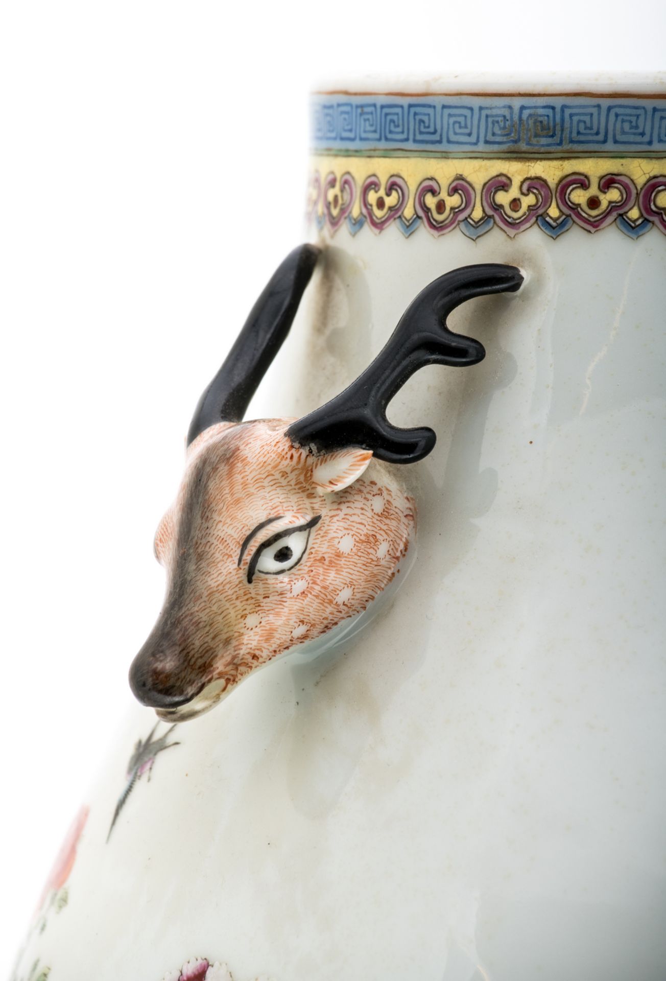 A Chinese famille rose decorated Hu vase with birds and flower branches, the handles deer head - Image 8 of 8