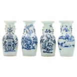 Four Chinese blue and white floral decorated vases, one vases with an animated scene, H 43,5 cm